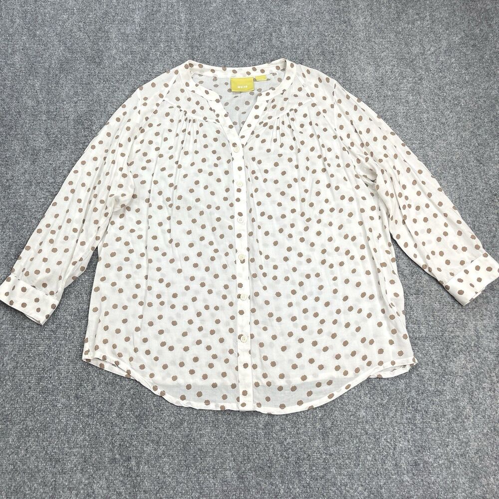 Maeve Anthropologie Top Womens Large White Brown Abstract Dot Button Front